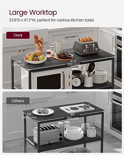 VASAGLE Kitchen Island with 3 Shelves, 47.2 Inches Width Kitchen Shelf with Large Worktop, Stable Steel Structure, Industrial, Easy to Assemble