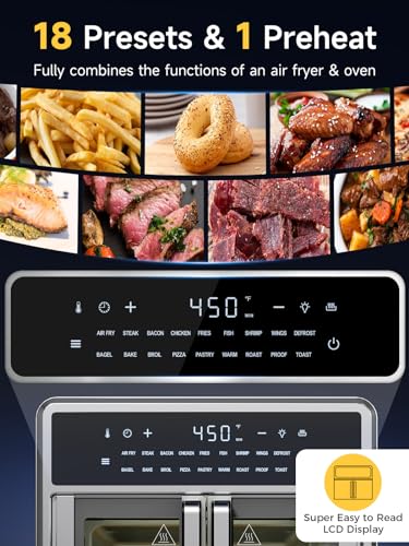 Air Fryer French Door Oven,15.8 Qt Toaster Oven Countertop Combo,18 Presets & 1 Preheat & Light, Airfryer Basket,Wire Rack,Baking Pan,Crumb Tray