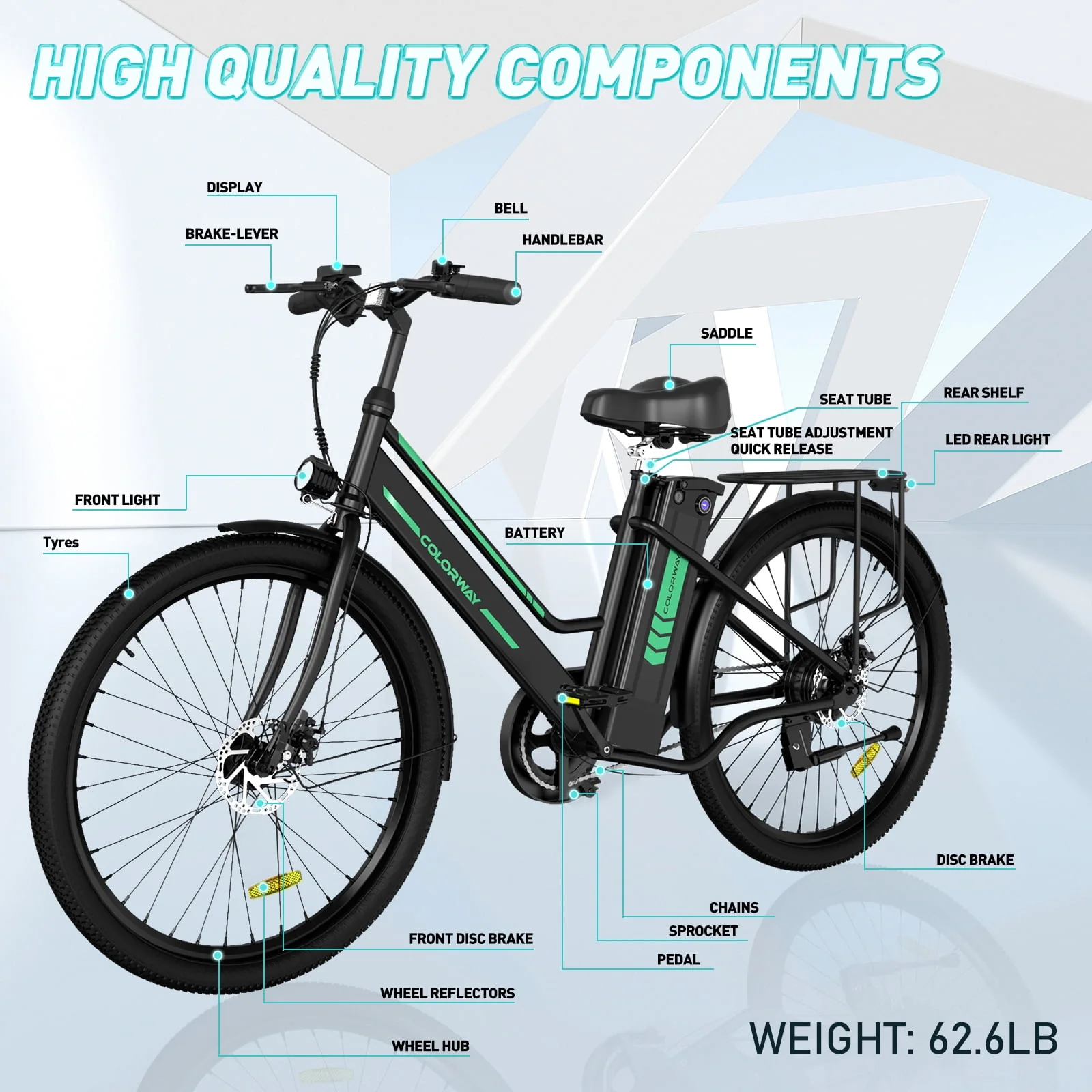 COLORWAY 26 Electric Bike for Woman, 500W Powerful Motor, 36V 12AH Removable Battery E Bike, , Max. Speed 19.9MPH Electric Bicycle