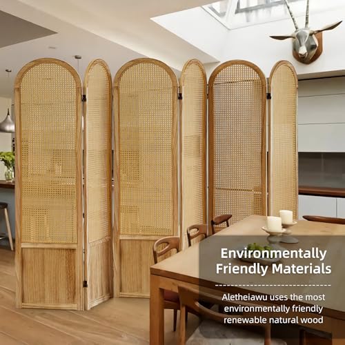 5.9 Ft Tall Hand-Woven Rattan Room Divider 3 Panels, Wood Room Divider Panel, Folding Screen Divider Wall, Wall Divider for Room Separation