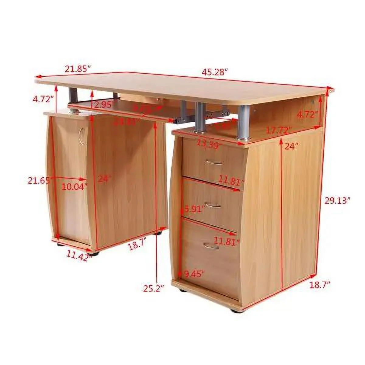15mm MDF Portable 1pc Door with 3pcs Drawers Computer Desk Wood Color