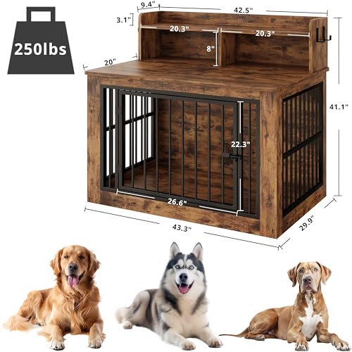 IRONCK Extra Large Dog Crate Furniture, 43.3 inches Wooden Dog Crate with Storage and 4 Hooks, Heavy Duty Pet Crate for Large Dog