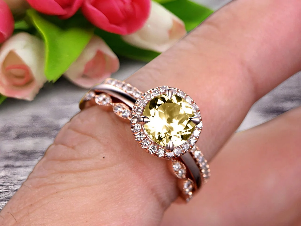 10k Rose Gold Anniversary Gift Art Deco 2.25 Carat 6mm Round Cut Champagne Diamond Moissanite Wedding Ring Set Matching Band Anniversary Gift