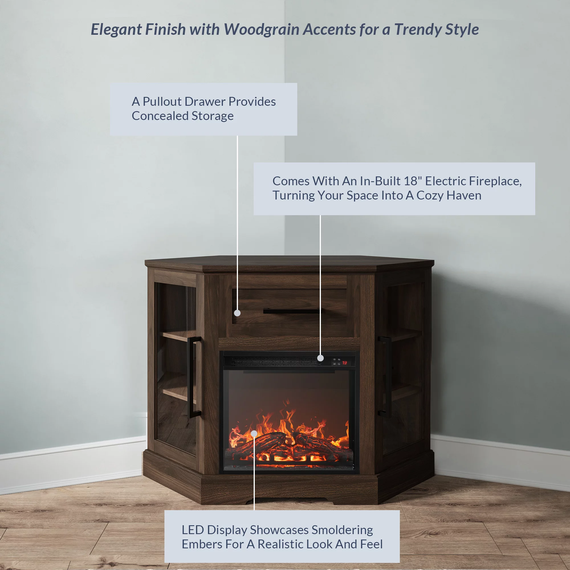 BELLEZE 43" TV Stand with 18" Electric Fireplace, Fireplace TV Stand for TVs up to 43", Modern Corner Wood Entertainment Center with Storage