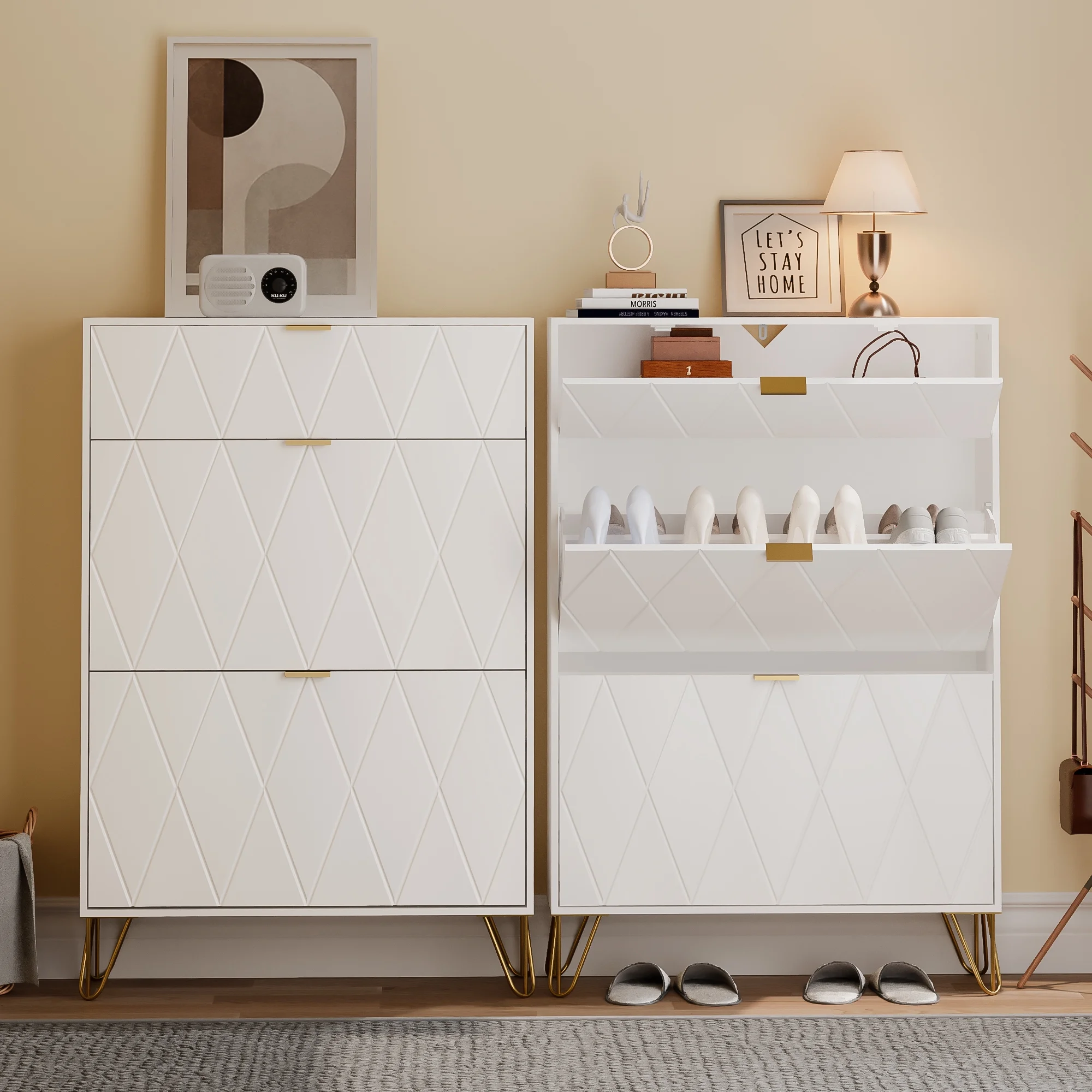Eclife Entryway Furniture Shoe Cabinet Flip Down Drawers, Slim Tall Shoe Rack Storage Organizer, White, 32"W x 9"D x 47"H