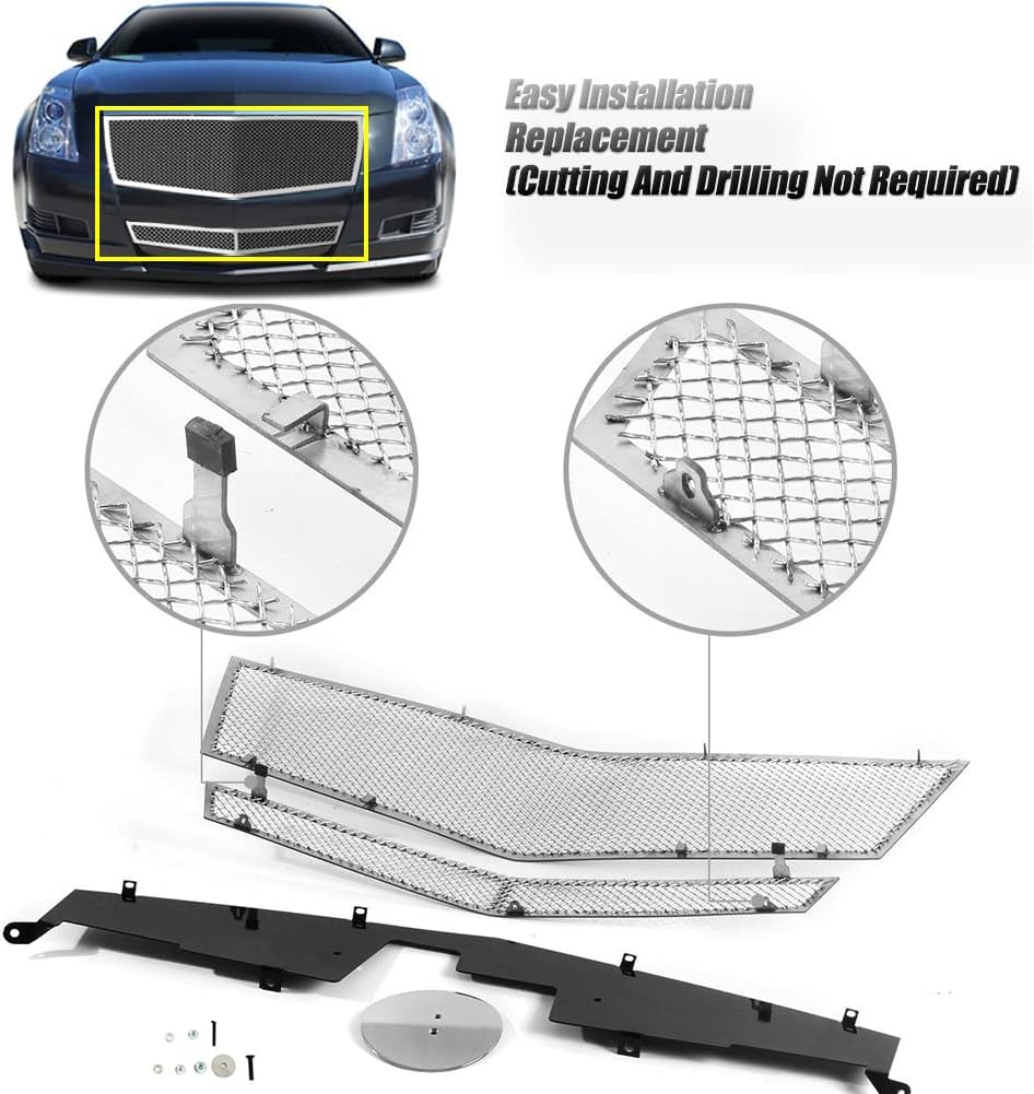 Compatible with 2008-2013 Cadillac CTS Stainless Steel Mesh Grille Grill Insert Combo (Not For CTS-V or model with Adaptive Cruise Control) (chrome