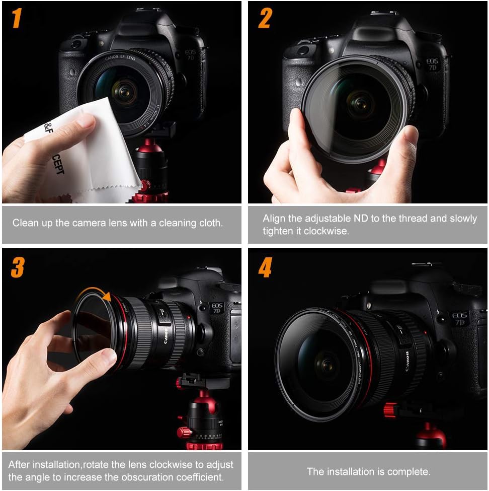 K&F Concept 37mm ND Filter Variable Fader NDX Neutral Density Adjustable ND2 to ND400 Lens Filter Kit + Cleaning Cloth for Cameras Lens