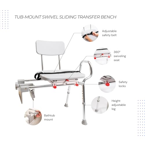 Eagle Health Supplies Tub-Mount Swivel Sliding Shower Transfer Bench, 360 degree swivel, Grab Bar, Rust-Resistance, No Tool Assembly