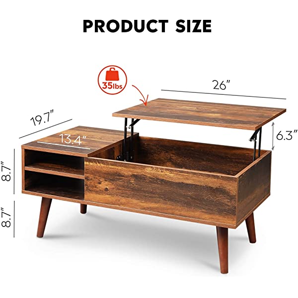 WLIVE Wood Lift Top Coffee Table with Hidden Compartment and Adjustable Storage Shelf, Lift Tabletop Dining Table for Home Living Room, Office