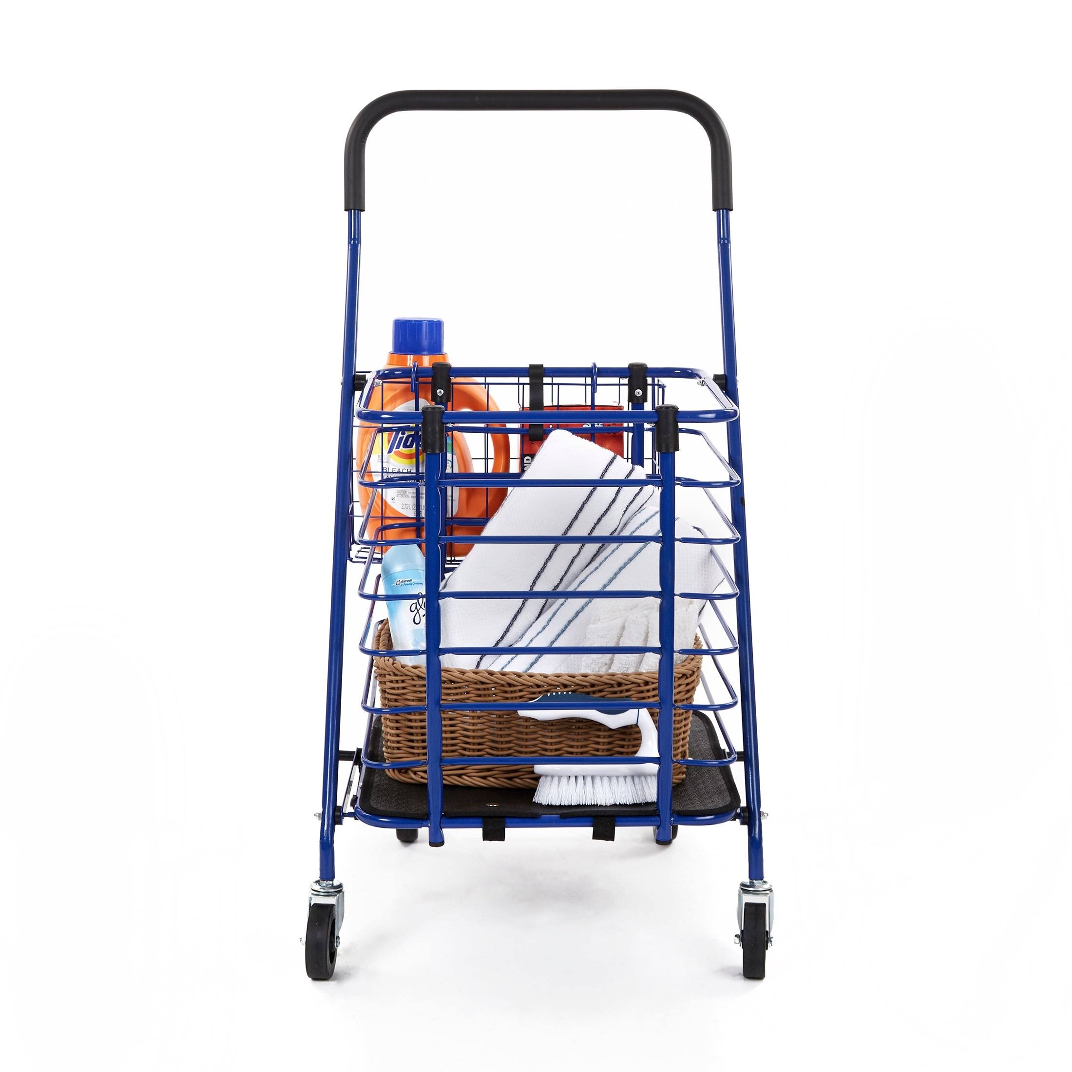 Seville Classics Folding Rolling Steel Wire Basket Trolley Grocery Shopping Cart, Blue
