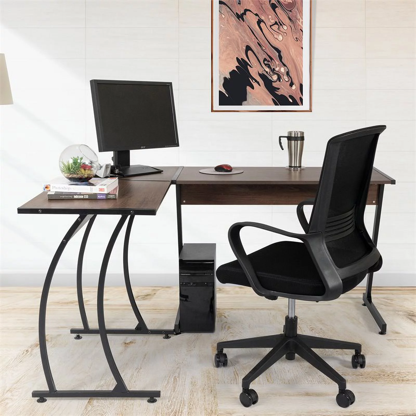 Living Essentials Ethan L-Shaped Corner Wood Top Computer Desk in Aged Oak