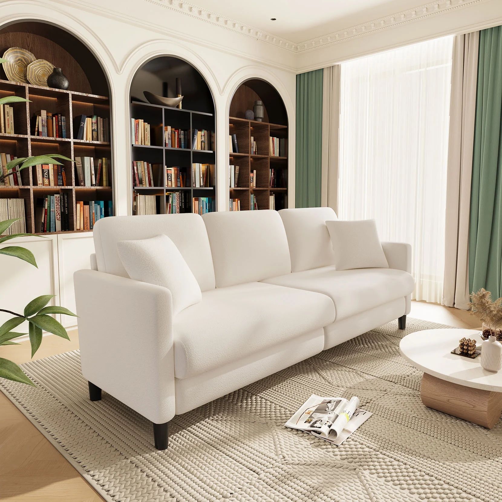 82.6" Velvet Sofa,3 Seater Upholstered Sofa with Extra Deep Seats,Soft Comfy Couch for living Room,2 Pillows,Off-White