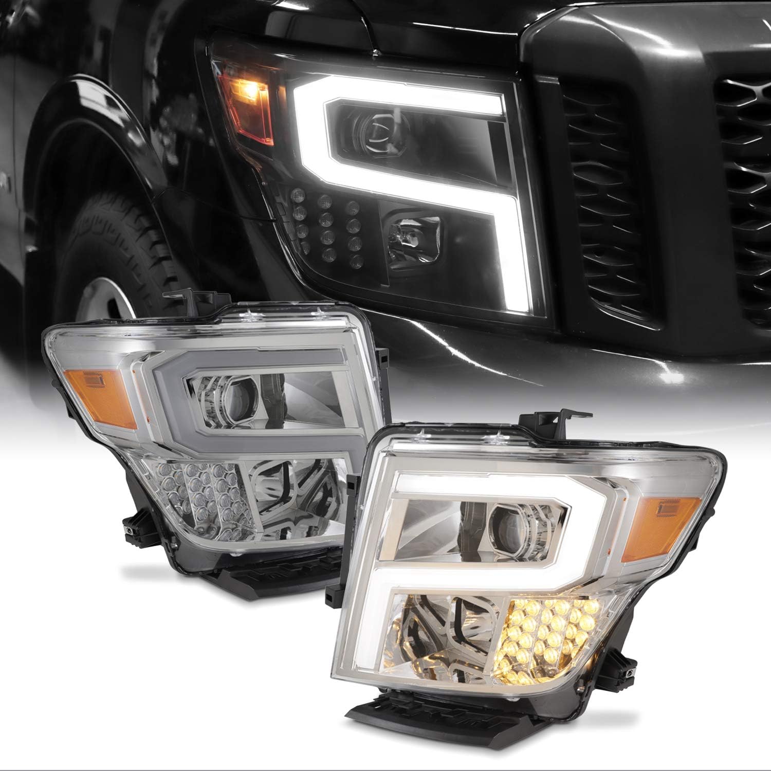 AKKON - For 2016-2019 Nissan Titan Projector LED DRL Light Bar Pair Headlights - Chorme Assemblies