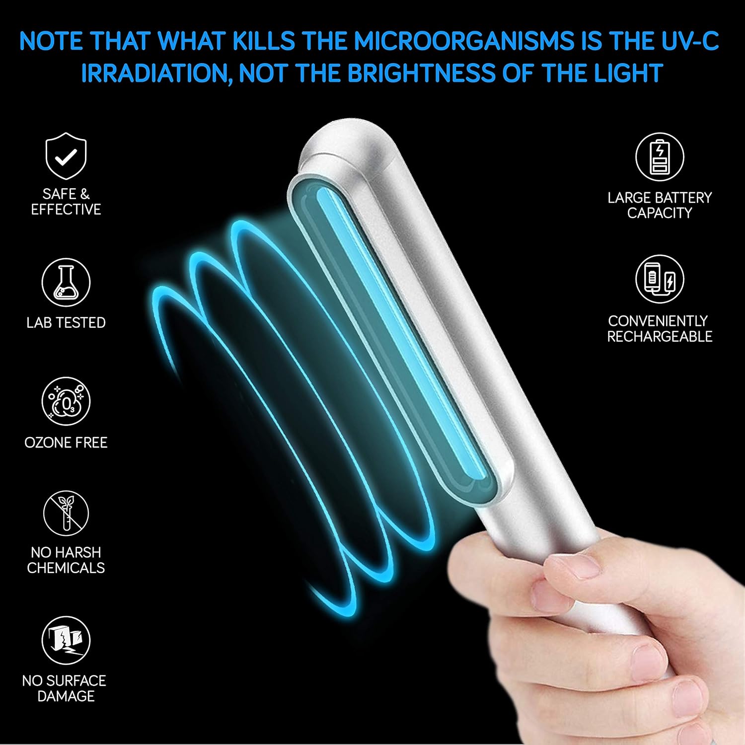 UV-C Light Sanitizer Wand - Powerful 253nm UV Sterilizer Rechargeable Handheld Ultraviolet Portable 99.99% Disinfection for Home, Office, Travel