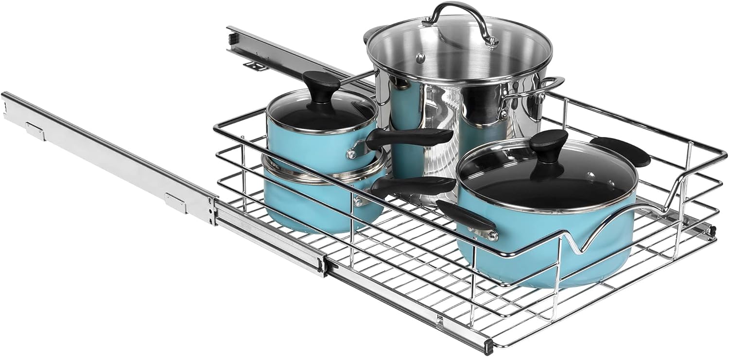 Heavy Duty Pantry Pull Out Cabinet Organizer Basket 5” High –5 Year Limited Warranty- Slide Out Drawer Shelf for Pots, Pans, Cans, jars, Canisters