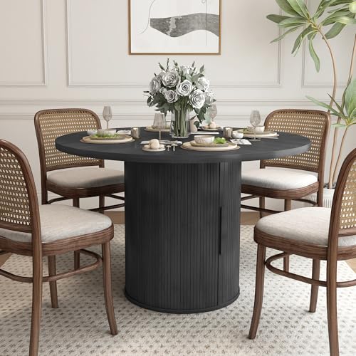47 inch Round Dining Table for 4, Kitchen Table Dinner Table with 2-Layer Storage Shelf and Wood Slide Door for Home Dining Room Living Room (Walnut)