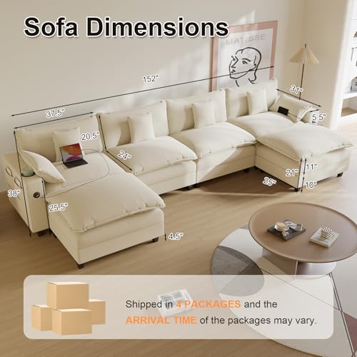 Modular Sectional Sofa, Cloud Couch with Ottoman, Charging Station, Throw Pillows, Cup Holders, Modern Convertible U Shaped Couches for Living Room