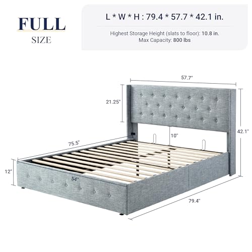 Allewie Full Size Lift Up Storage Bed, Modern Wingback Headboard, Hydraulic Support, No Box Spring Needed, Light Beige