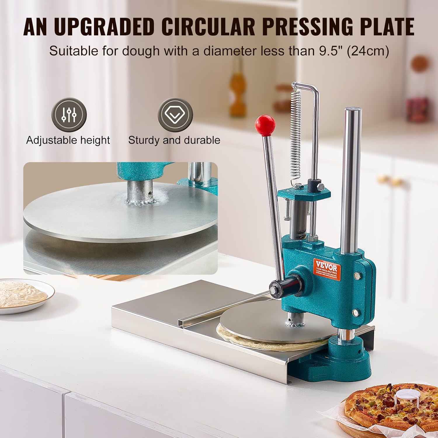 VEVOR Manual Pizza Dough Press Machine, 9.5inch/24cm Household Pizza Pastry, Stainless Steel Pizza Presser