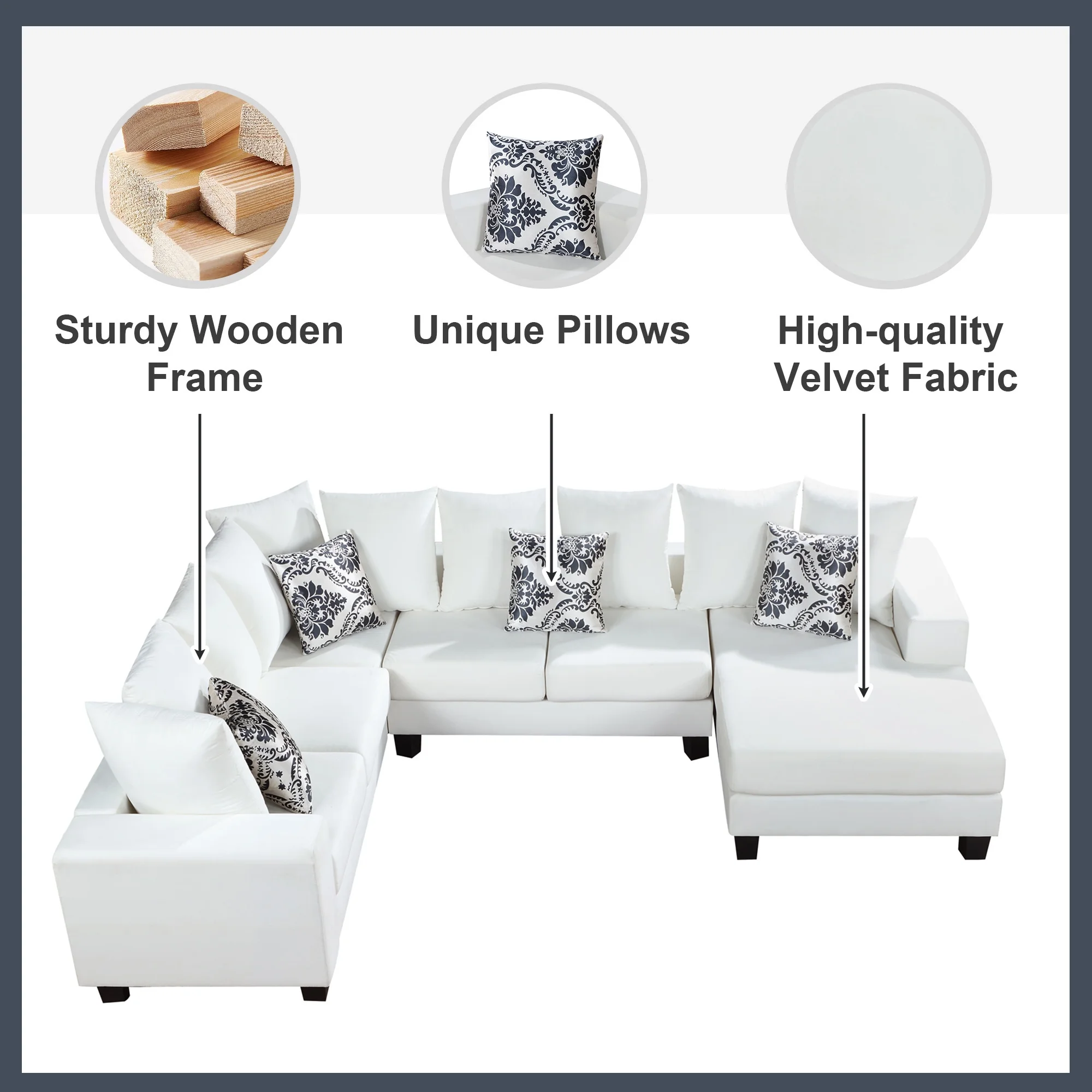 Soges Modern U Shape Sectional Sofa 110"x85", 7-Seat Velvet Sofa with Pillows, Couch Set for Living Room, Apartment, Office, White