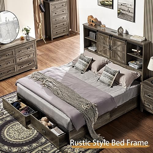 VanAcc Full Size Bed Frame, Wooden Platform Storage Bed with 51.2" Bookcase Headboard, 2 Drawers