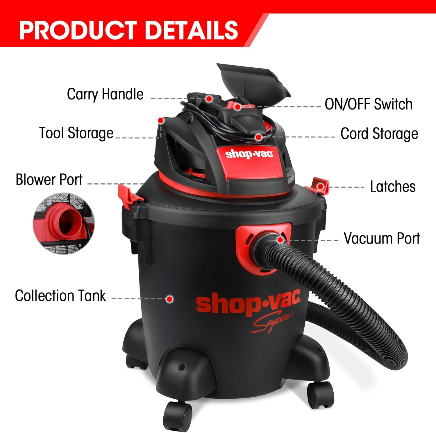 Shop-Vac 5 Gallon 3.5 Peak HP Wet/Dry Vacuum, Portable Heavy-Duty Shop Vacuum 3 in 1 Function with Attachments for House, Garage & Workshop