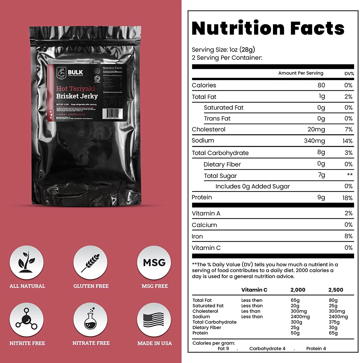 BULK Beef Jerky, Hot Flavor, 5 Pounds – Soft Meat Snack, Ready to Eat – 9g of Protein, Made with 100% Beef – Gluten Free, MSG Free, Nitrate Free