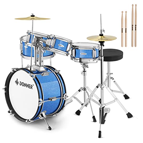 Kid Drum Sets-Donner 5-Piece for Beginners, 14 inch Full Size Complete Junior Drum Kit with Adjustable Throne, Cymbal, Hi-Hat, Pedal & Drumstick