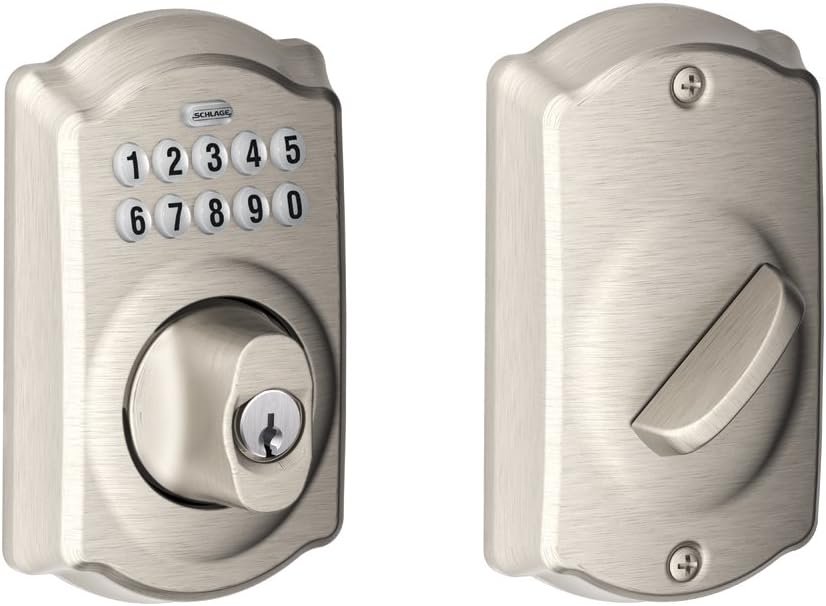 Schlage BE365CAM619 BE365 Camelot Keypad Deadbolt, Satin Nickel & F10 V Acc 619 Hall & Closet (Passage) Cylindrical Lock, 1 Pack, Satin Nickel