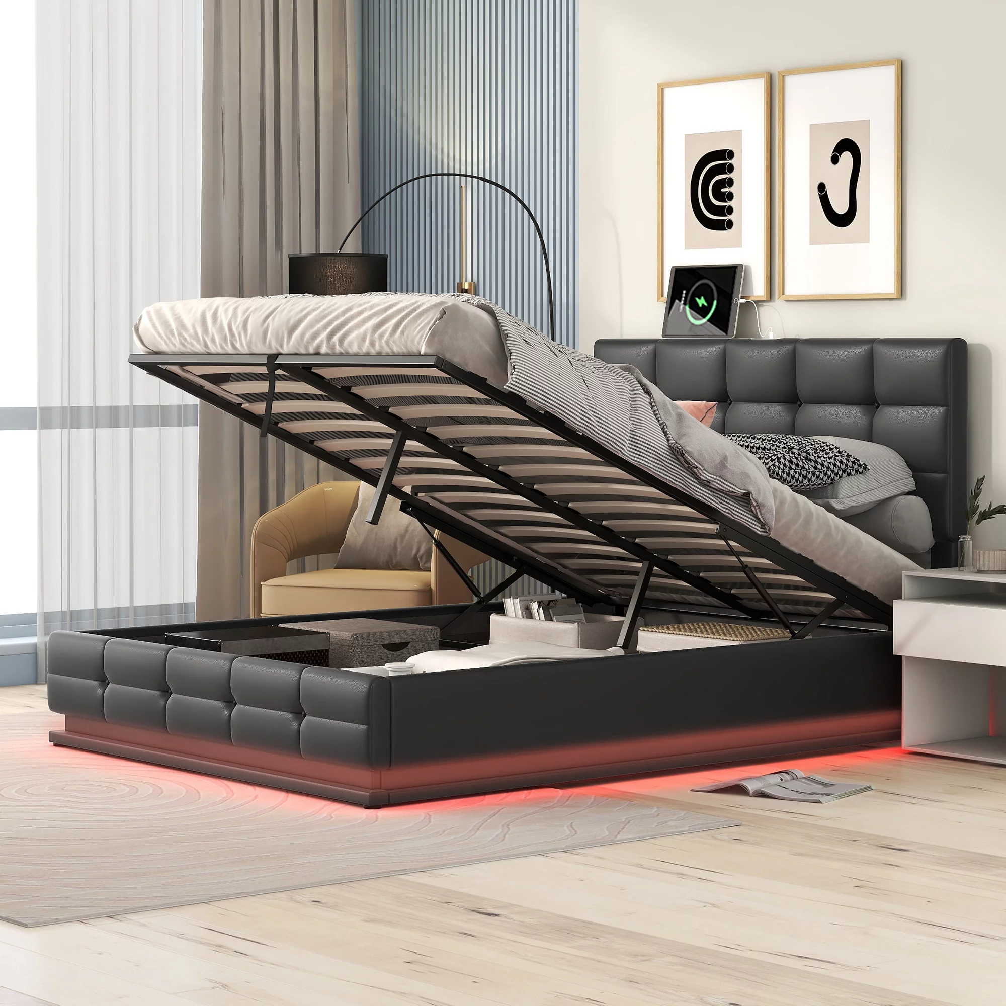 Bellemave LED Full Size Bed Frame with Lift Up Storage, Upholstered Bed with USB Charging Station