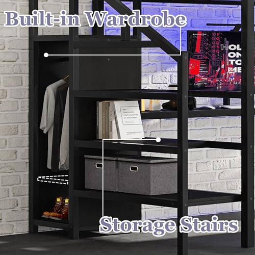 Bellemave Full Size Metal Loft Bed with L Shaped Desk and Wardrobe, Heavy Duty Loft Bed Frame with Storage Stairs
