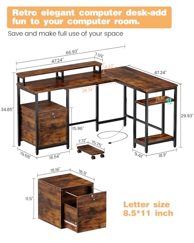 L Shaped Computer Desk with FiIe Drawers, 67" Reversible Computer Desk, Home Office Desk with Power Outlets