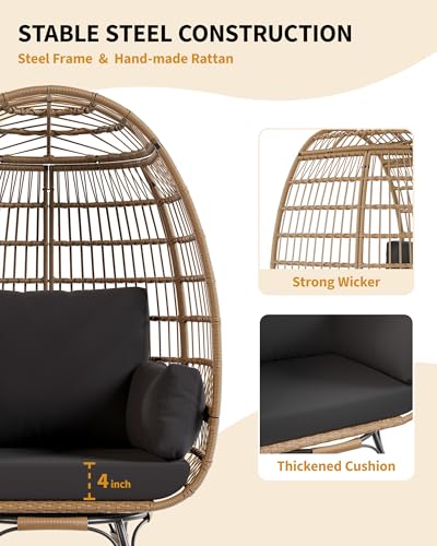Oversize Wicker Egg Chair with 4 Comfy Cushions, Big Egg Shaped Lounger with Ottoman, Rattan Reading Chairs for Indoor Outdoor Patio Porch Backyard