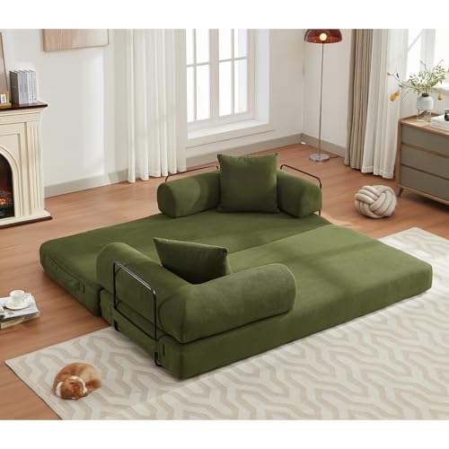 Convertible Sleeper Sofa Bed with Cylindrical Pillow, Corduroy Folding Mattress Couch with Fixed-Shape Frame