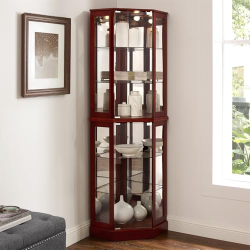Lighted Display Cabinet Corner Curio Cabinet with Mirrors and Adjustable Shelves