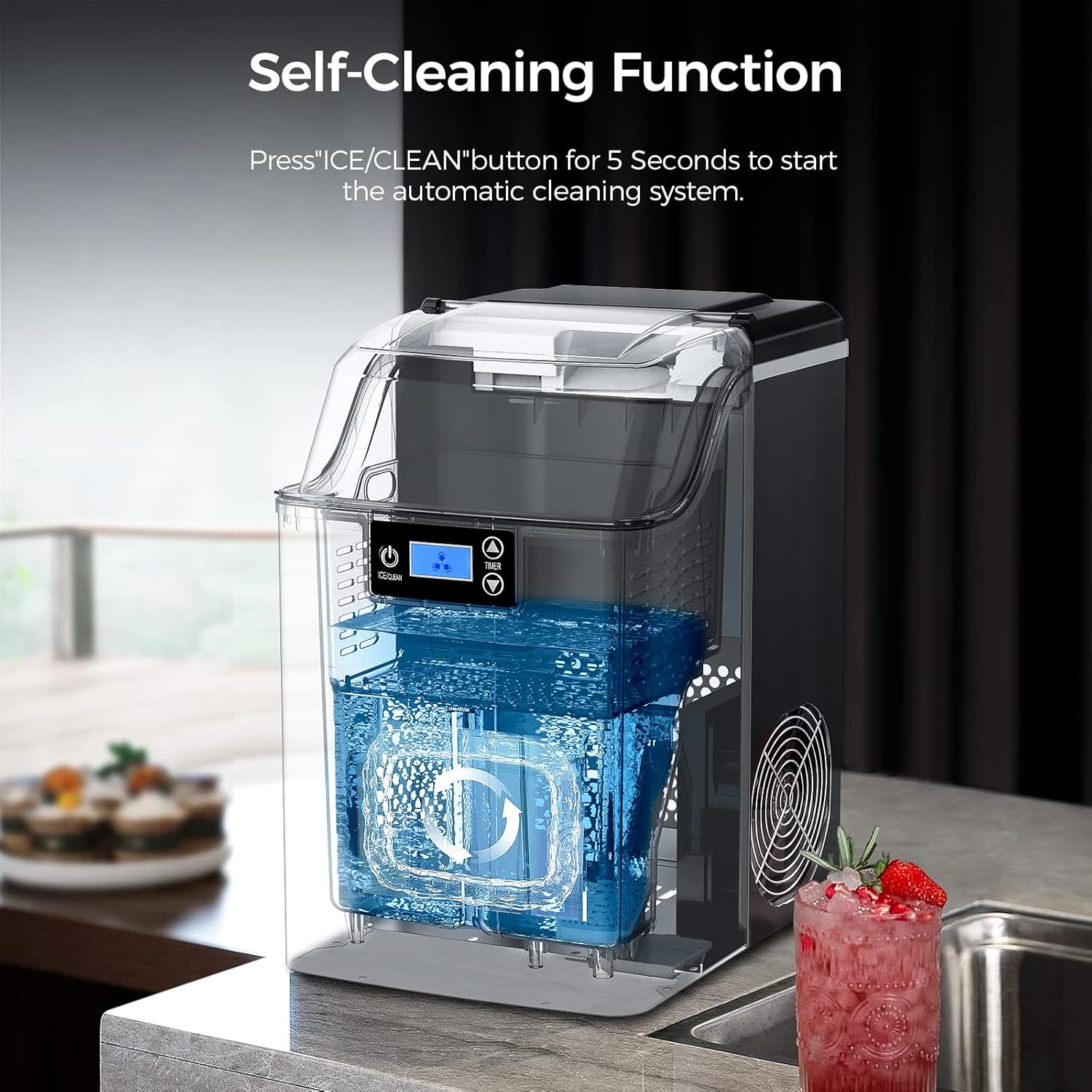 Ice Maker Countertop,Nugget Ice Maker with Self Cleaning,44lbs/Day,3.3lbs 1.5-Hour one Basket,24H Timer,LED Crushed Ice Maker for Home Bar Party