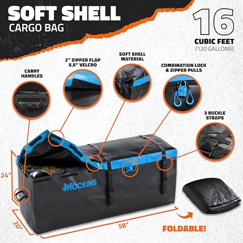 Mockins 60x20x6 Heavy-Duty Trailer Hitch Cargo Carrier 500lb Cap & 16 CuFt Soft Shell Waterproof Luggage Cargo Bag |Folding Hitch Cargo Carrier w/Net
