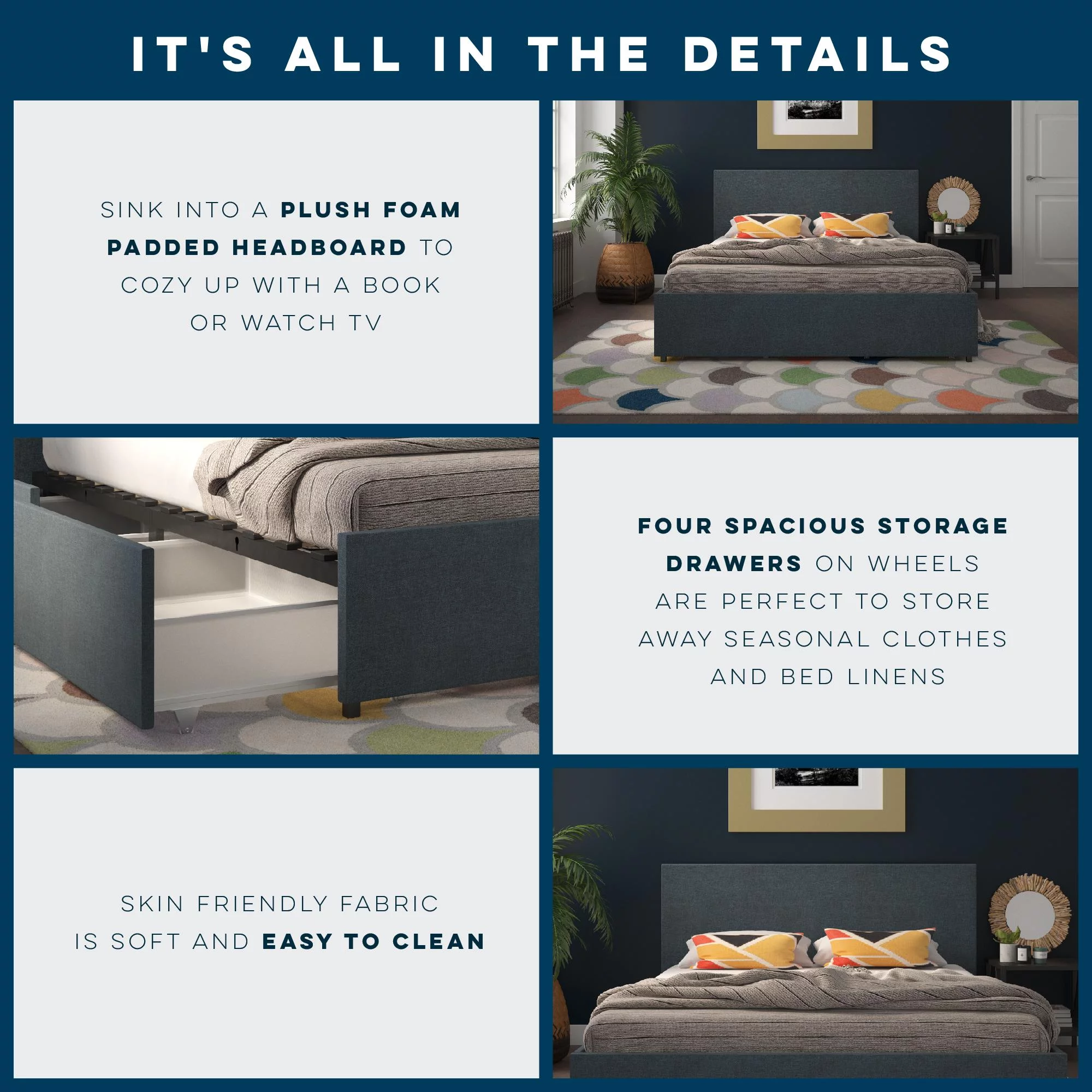 Novogratz Kelly Upholstered Storage Bed Frame, Full, Navy Blue Linen