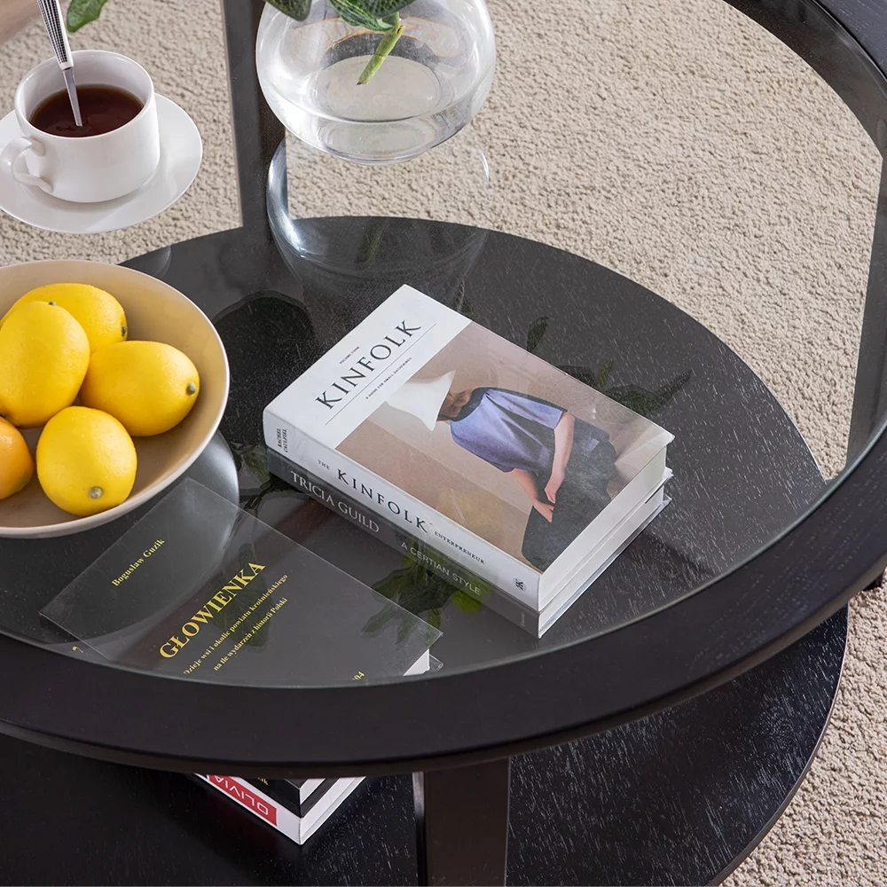 Round Tempered Glass Coffee Table,Living Room Solid Wood Coffee Table