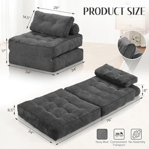 HABUTWAY Folding Sofa Bed, Convertible Sleeper Chair Bed w/Dual-Pillow & Handle, Foldable Floor Sofa Lounge w/Back Support for Living Room, Bedroom