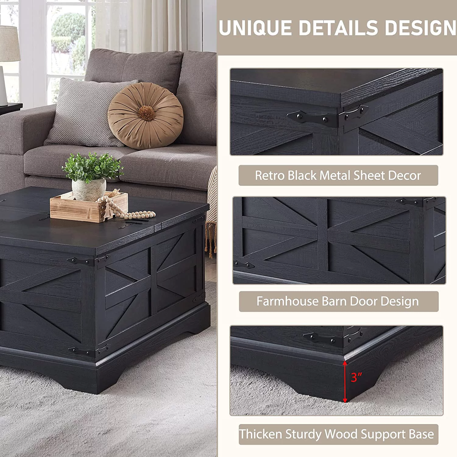 Farmhouse Coffee Table with Large Hidden Storage Compartment for Living Room,  Hinged Lift Top