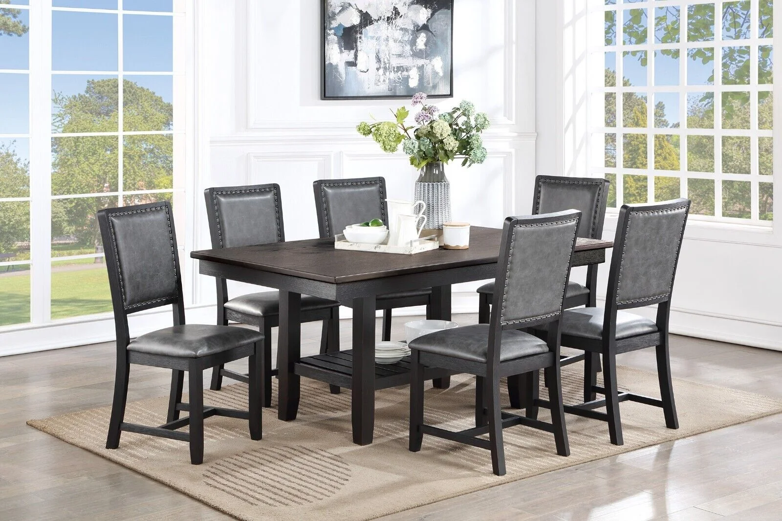 Beautiful Dark Coffee Dining Room Furniture 7pc Set Contemporary Dining Table w Shelve 6 Chairs PU Cushion Seat Back Side Chairs