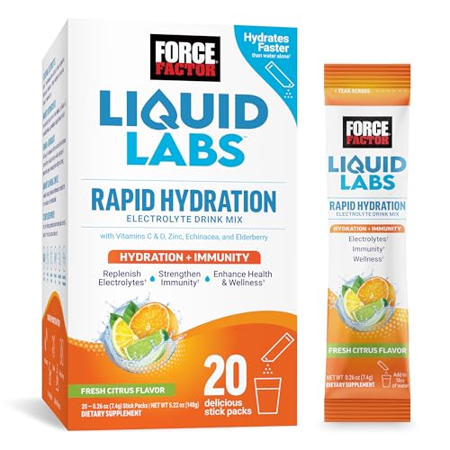 FORCE FACTOR Liquid Labs Electrolytes Powder, Hydration Packets to Make Electrolyte Water with 5 Essential Electrolytes, Vitamins, Minerals