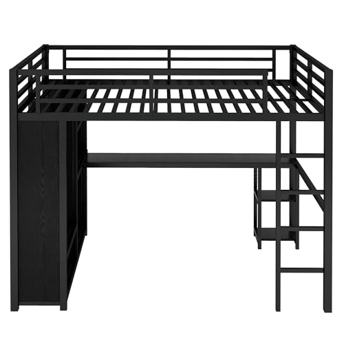 Bellemave Queen Size loft Bed with L Desk, Wardrobe, Metal Queen Loft Bed Frame for Adults, Kids, Teens, Black