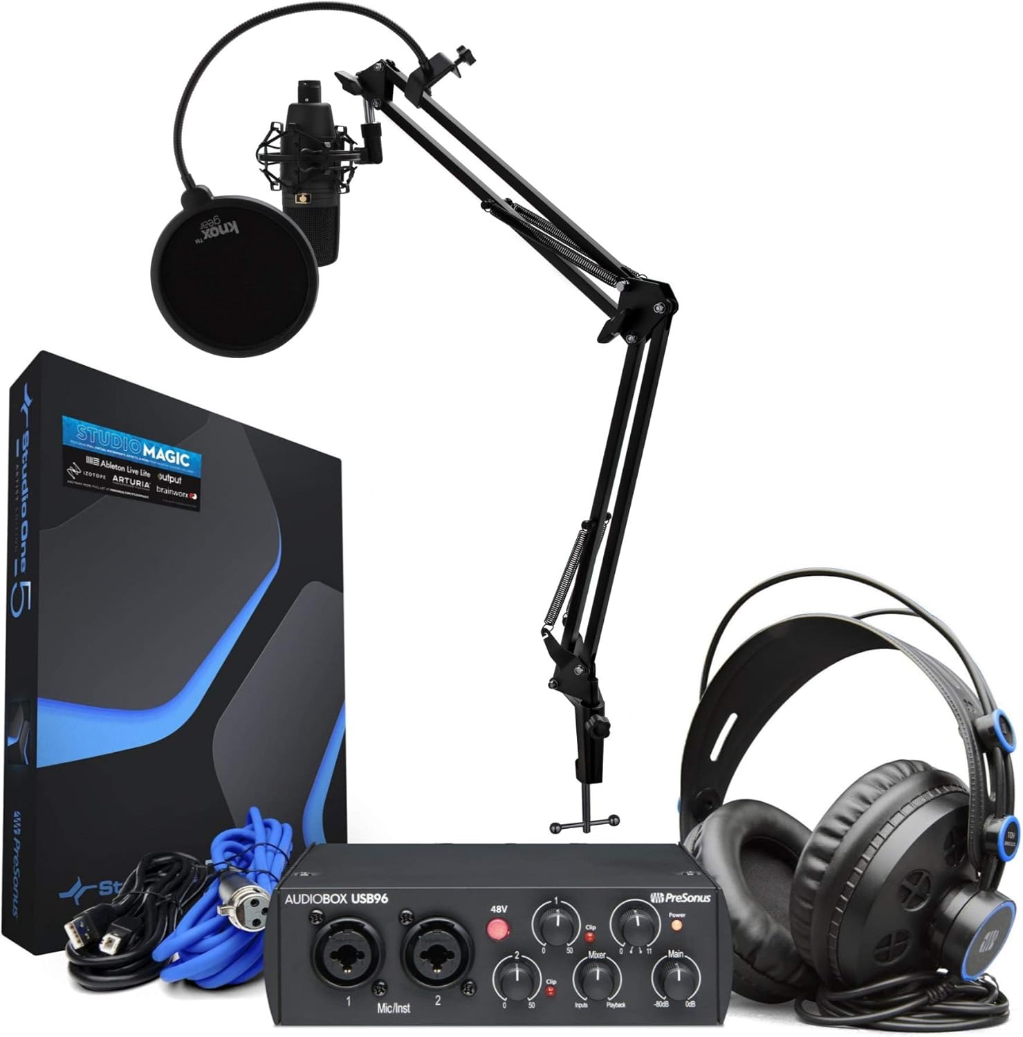 PreSonus AudioBox 96 Interface with Presonus Microphone, Headphones, XLR Cable Bundle with Knox Gear Studio Stand