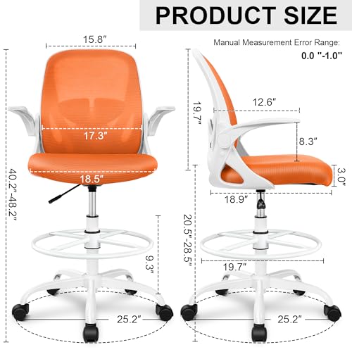 Primy Drafting Chair Tall Office Chair with Flip-up Armrests Executive Ergonomic Computer Standing Desk Chair with Lumbar Support and Adjustable