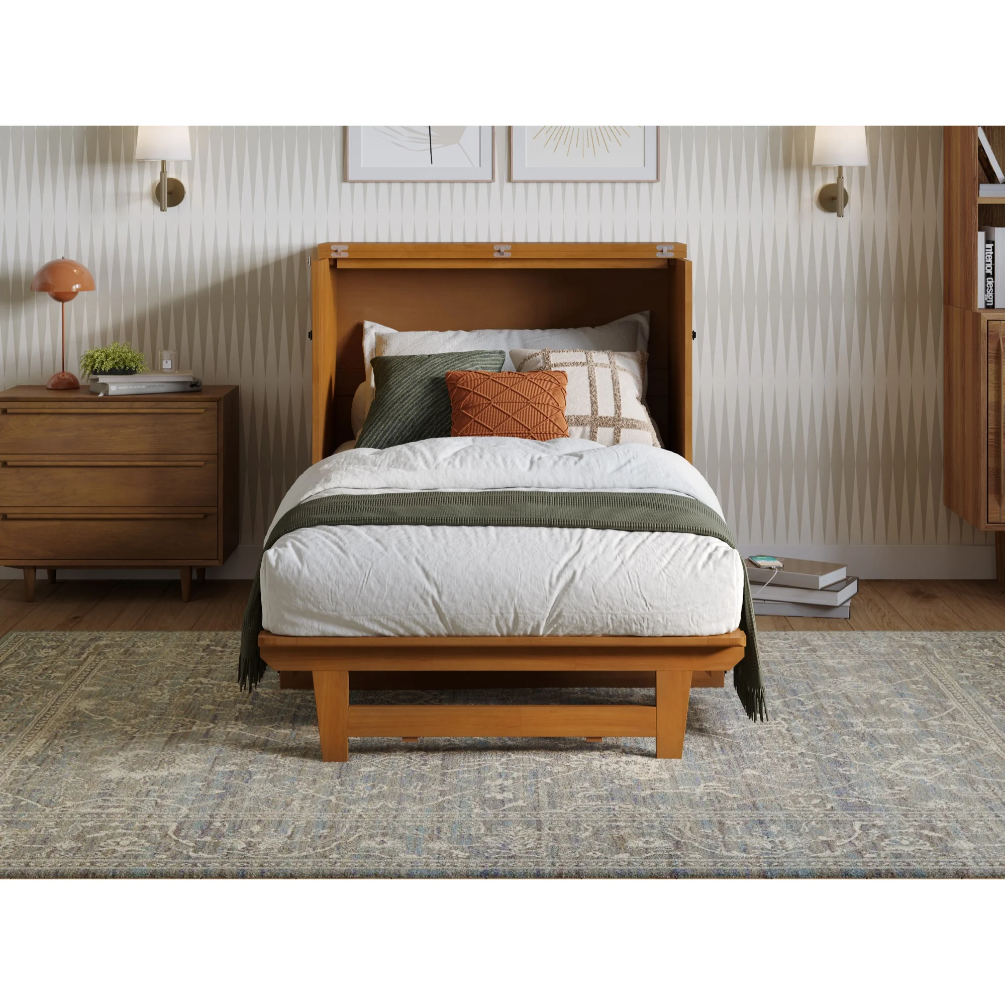 Santa Fe Queen Murphy Bed Chest with Mattress & Built-in Charger in Gray