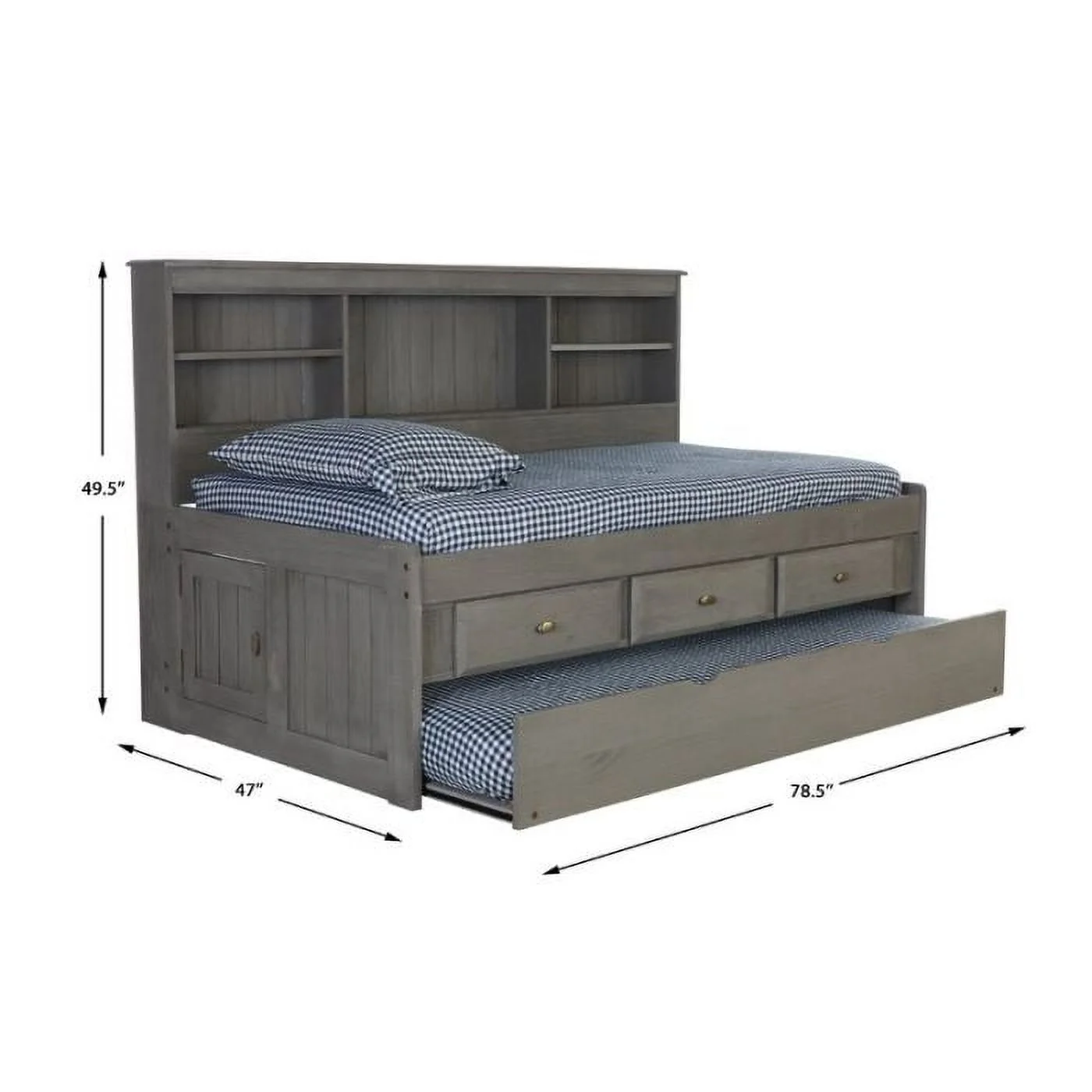 Discovery World Furniture - Twin Size Bed Frame with Headboard Bookcase Captain Day Bed with 3 Drawers & Twin Trundle
