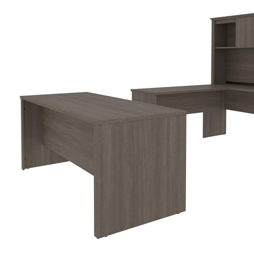 Bestar Logan 66W U or L-Shaped Executive Office Desk with Pedestal and Hutch in Bark Grey, Table Workstation for Personal Home Workspace