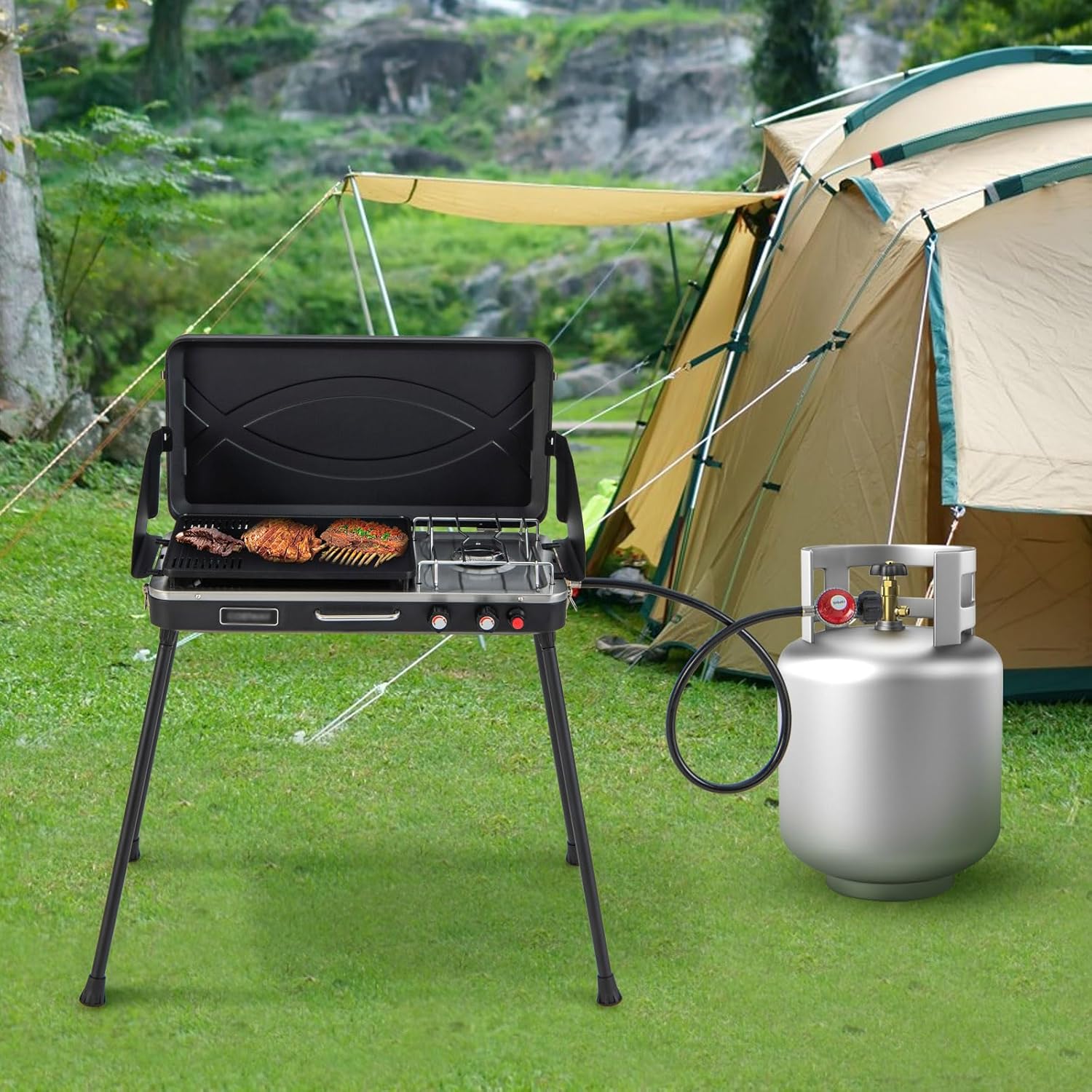 HAPPYGRILL 2-Burner Propane Camping Stove, Portable Gas Grill Cooker with Removable Leg Stand, Roast Grill, Dual Control Knobs, Wind Guards
